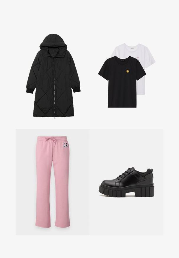 Čierna prešívaná páperová bunda s kapucňou, so zipsom, bočnými vreckami a elastickými manžetami. Hladká, vodeodolná tkanina.; Čierne a biele tričká, okrúhly výstrih, krátke rukávy. Čierne tričko má žltú výšivku slnka; biele má fialový mesiac ako akcent.; GAP Petite HERITAGE - Tepláky - lilas pink; Čierne kožené platformy s masívnym blokovým podpätkom, okrúhlou špičkou a tradičným šnurovaním. Má hladký povrch a minimálne detaily.