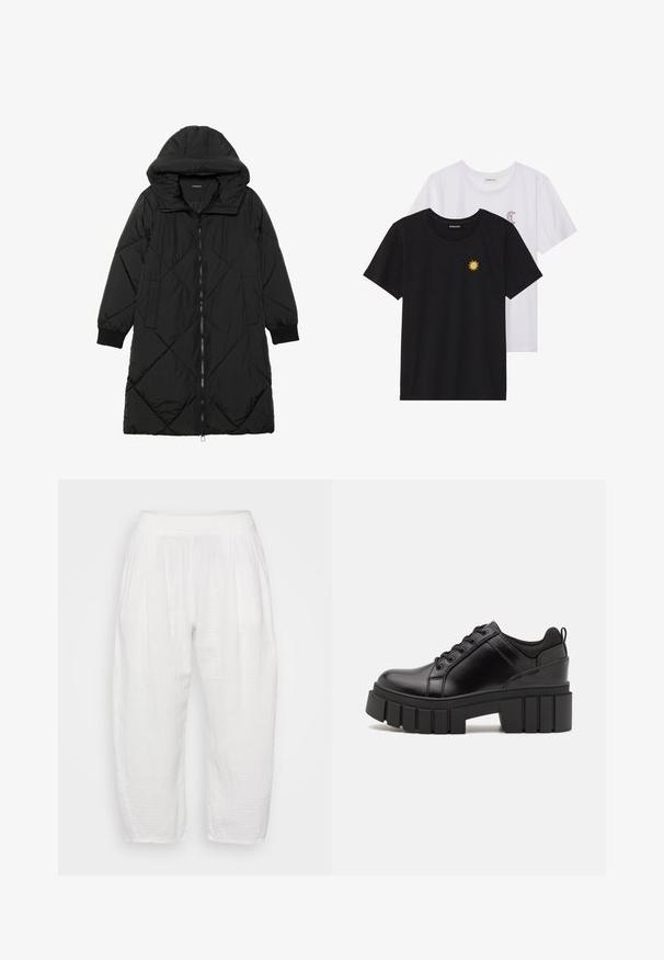 Crna tkanina sa štepom puffer kaput s kapuljačom, sa zatvaračem na zip, bočnim džepovima i elastičnim manžetama. Glatka, vodootporna tkanina.; Crne i bijele majice, okrugli izrez, kratki rukavi. Crna majica ima žuti vez suncem; bijela majica ima ljubičasti naglasak u obliku polumjeseca.; Bijele, lagane hlače s elastičnom trakom u struku. Teksturirana, prozračna tkanina s ležernim krojem i skraćenom dužinom. Bez vidljivih uzoraka.; Crne kožne platforme s debelim blok-peta, okruglim prstima i klasičnim dizajnom vezanja. Imaju gladak tekstur i minimalne detalje.