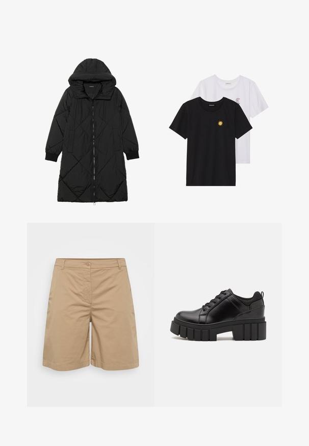 Μαύρο πλεκτό μπουφάν με κουκούλα, που διαθέτει κλείσιμο με φερμουάρ, πλαϊνές τσέπες και ελαστικούς καρπούς. Λείο, αδιάβροχο ύφασμα.; Μαύρα και άσπρα μπλουζάκια, με στρογγυλή λαιμόκοψη και κοντά μανίκια. Το μαύρο μπλουζάκι διαθέτει κίτρινη κεντημένη ήλιο, ενώ το άσπρο έχει μωβ εξόγκωμα σε σχήμα μισοφέγγαρου.; Χακί σορτς φτιαγμένα από μαλακό ύφασμα βαμβακοπολυεστέρα, με ευθεία γραμμή, κλείσιμο με κουμπί και μπροστινές τσέπες.; Μαύρα δερμάτινα παπούτσια πλατφόρμας με παχύ μπλοκ τακούνι, στρογγυλή μύτη και παραδοσιακό σχέδιο δέσιμο. Διαθέτουν λεία υφή και ελάχιστες λεπτομέρειες.