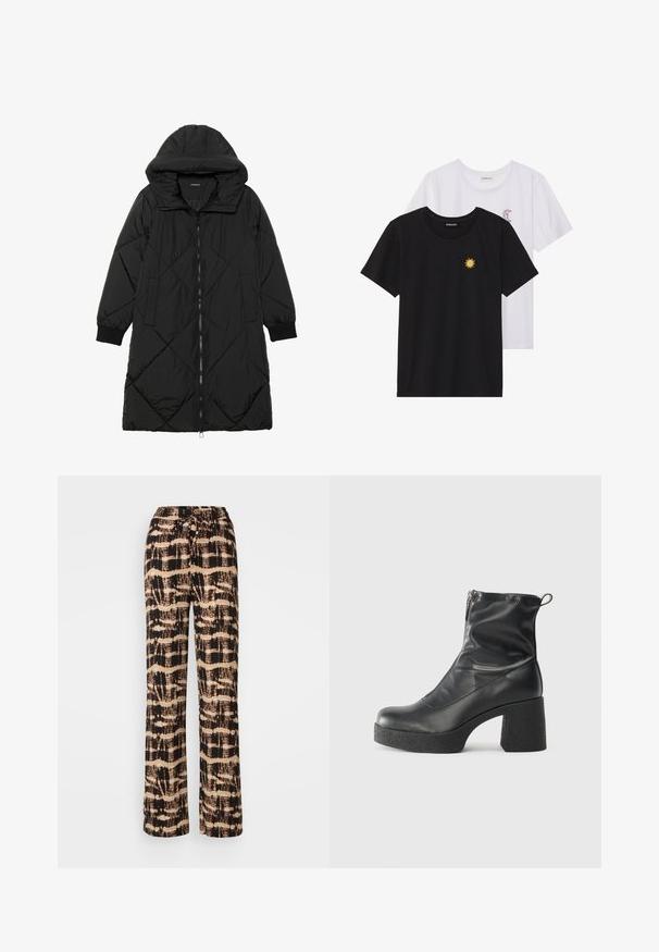 Black quilted puffer coat with a hood, featuring a zip closure, side pockets, and elastic cuffs. Smooth, water-resistant fabric.; Black and white T-shirts, round neck, short sleeves. Black shirt features yellow sun embroidery; white has purple crescent moon accent.; Wide-leg trousers in a lightweight fabric featuring a black and beige abstract pattern. Adjustable drawstring waistband, relaxed fit.; Black ankle boots made of smooth leather, featuring a side zipper, chunky textured heel, and rounded toe design.