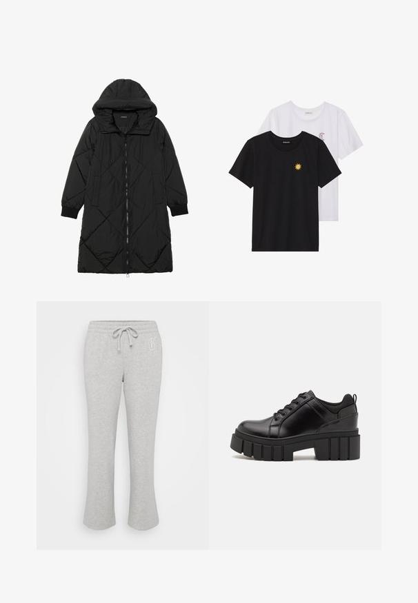 Fekete steppelt pufi kabát kapucnival, cipzáras záródással, oldalsó zsebekkel és elasztikus mandzsettákkal. Simább, vízlepergető anyag.; Fekete és fehér T-shirtok, kerek nyakkivágással, rövid ujjakkal. A fekete pólón sárga nap hímzés található; a fehér póló lila félhold díszítéssel rendelkezik.; GAP Petite HERITAGE - Tréningruha alsók - light heather grey; Fekete bőr platform cipők vaskos blokk sarkakkal, kerek orral és hagyományos fűzős kialakítással. Simára csiszolt felület és minimális részletezés jellemzi.