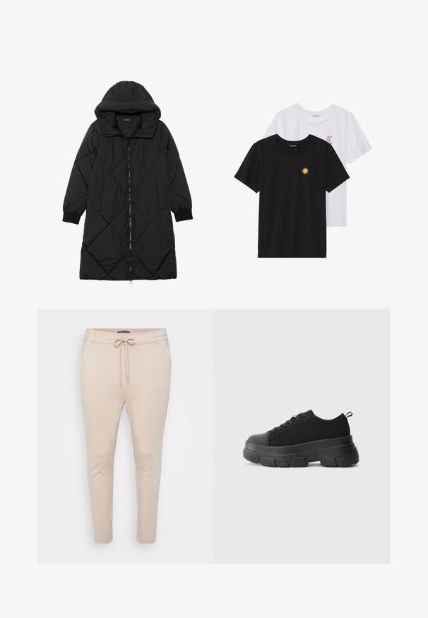 Black quilted puffer coat with a hood, featuring a zip closure, side pockets, and elastic cuffs. Smooth, water-resistant fabric.; Black and white T-shirts, round neck, short sleeves. Black shirt features yellow sun embroidery; white has purple crescent moon accent.; Beige lightweight jogger pants with a drawstring waist and two side pockets. Smooth texture, tapered legs, and minimal seam detailing.; Black sneakers with a chunky rubber sole, textured fabric upper, round toe, and lace-up design. Features reinforced eyelets and back pull tab.