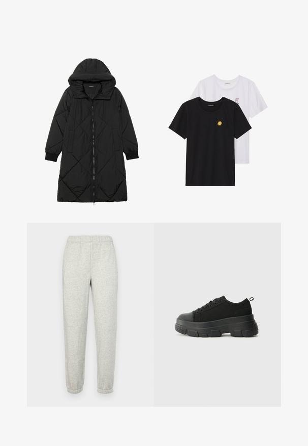 Black quilted puffer coat with a hood, featuring a zip closure, side pockets, and elastic cuffs. Smooth, water-resistant fabric.; Black and white T-shirts, round neck, short sleeves. Black shirt features yellow sun embroidery; white has purple crescent moon accent.; GAP Tracksuit bottoms - heather grey; Black sneakers with a chunky rubber sole, textured fabric upper, round toe, and lace-up design. Features reinforced eyelets and back pull tab.