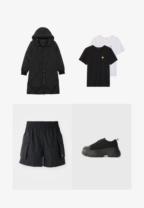 Črna prešita puffer jakna s kapuco, ki ima zadrgo, stranske žepe in elastične manšete. Gladek, vodoodporen material.; Črne in bele majice, okrogli vrat, kratki rokavi. Črna majica ima richelieu vezenje sonca v rumeni barvi; bela ima vijolični naglavni mesec.; Črne cargo kratke hlače iz lahkega materiala, z elastičnim pasom, dvema stranskima žepoma in majhnim belim logotipom na robu.; Črne teniske z debelim gumijastim podplatom, zgornji del iz teksturirane tkanine, okrogla punta in zavezovanje z vrvicami. Vključujejo ojačane luknje za vrvice in zanko na hrbtu.