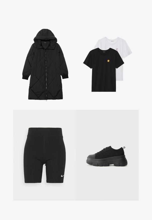 Čierna prešívaná páperová bunda s kapucňou, so zipsom, bočnými vreckami a elastickými manžetami. Hladká, vodeodolná tkanina.; Čierne a biele tričká, okrúhly výstrih, krátke rukávy. Čierne tričko má žltú výšivku slnka; biele má fialový mesiac ako akcent.; Čierne cyklistické šortky vyrobené z pružnej látky, s vysokým pásom a viditeľným prešívaním. Obsahujú malé strieborné logo Nike na nohe.; Čierne tenisky s masívnou gumovou podrážkou, textúrovaným textilným zvrškom, okrúhlou špičkou a šnurovaním. Obsahujú spevnené očká a zadný úchop.