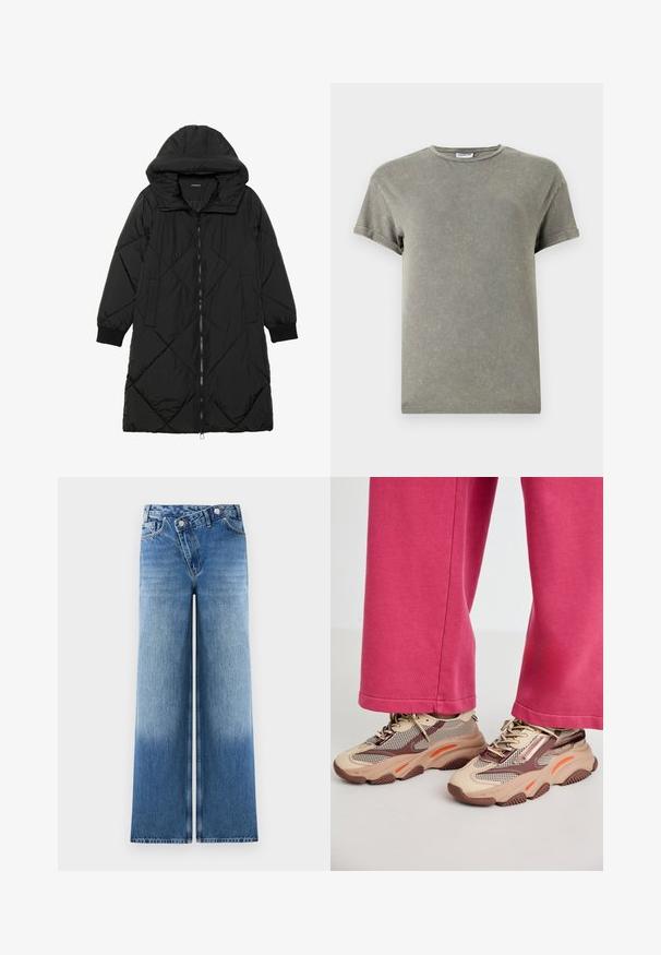 Schwarze, gesteppten Puffermantel mit Kapuze, ausgestattet mit einem Reißverschluss, seitlichen Taschen und elastischen Bündchen. Glattes, wasserabweisendes Material.; Ausgeblichendes grünes T-Shirt, kurze Ärmel, runder Ausschnitt, weiches Baumwollmaterial, leicht abgenutzte Textur, lässige Passform.; Hellblaue weit geschnittene Jeans mit einer verwaschenen Optik, die ein klassisches Fünf-Taschen-Design und Metallknopf-Akzente an der Taille aufweisen.; Chunky beigen Sneakers mit Mesh und braunen Akzenten, die orangefarbene Highlights und eine strukturierte Sohle aufweisen. Getragen mit pinken Hosen, die einen lässigen Look zur Schau stellen.