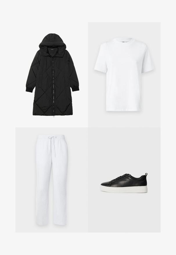 Čierna prešívaná páperová bunda s kapucňou, so zipsom, bočnými vreckami a elastickými manžetami. Hladká, vodeodolná tkanina.; Biela bavlnená tričko s okrúhlym výstrihom, krátkymi rukávmi a hladkou textúrou. Navrhnuté s voľným strihom pre pohodlie a univerzálnosť.; Svetlomodré pyžamové nohavice s textúrovaným vzorom, elastickým pásom a šnúrkou na stiahnutie. Rovný strih, ľahký materiál.; Čierne nízke kožené tenisky s čiernymi šnúrkami a bielou hrubou gumovou podrážkou, zobrazené z vonkajšej strany na bielom pozadí.