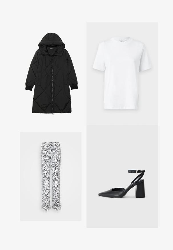 Cappotto imbottito nero trapuntato con cappuccio, caratterizzato da chiusura con zip, tasche laterali e polsini elastici. Tessuto liscio e resistente all'acqua.; T-shirt bianca in cotone a girocollo con maniche corte e una superficie liscia. Disegnata con una vestibilità rilassata per comfort e versatilità.; Pantaloni bianchi con un motivo astratto blu navy, dotati di una vita elastica e di un cordoncino regolabile. Design a gamba dritta con una vestibilità comoda.; Pump in pelle nera con punta affusolata, cinturino alla caviglia e tacco spesso. Texture piatta, design elegante ed estetica minimalista.