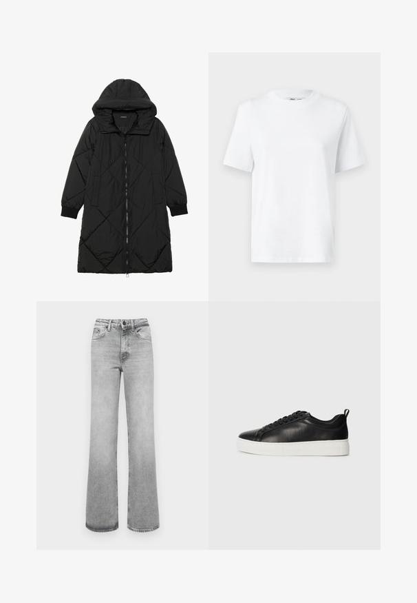Melnas quiltētas pūkara mētelis ar kapuci, ar rāvējslēdzēja aizdari, sānu kabatām un elastīgām aprocēm. Gluda, ūdensizturīga auduma.; Balts kokvilnas t-krekls ar apaļu kakla izgriezumu, īsām piedurknēm un gludu tekstūru. Izstrādāts ar brīvu piegriezumu, lai nodrošinātu komfortu un daudzpusību.; Gai pelēki izbalējuši taisnleņķa džinsi ar priekšējiem kabatām, jostu cilpiņām un aizdari ar pogu un rāvējslēdzēju.; Melnas zemas ādas tenisa kedas ar melnām auklām un baltu biezas gumijas zoli, skatīšanās no ārējās puses uz balta fona.