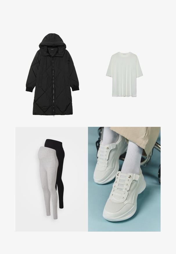 Črna prešita puffer jakna s kapuco, ki ima zadrgo, stranske žepe in elastične manšete. Gladek, vodoodporen material.; Bela majica s kratkimi rokavi, okroglo izrezana, mehka bombažna mešanica, sproščen kroj, brezšivna rob, minimalističen dizajn brez okrasnih elementov.; Dva para nosečih leggingov: en sivo, en črno. Obe imata gladko teksturo, elastičen pas in prilegajoč dizajn.; Bele teniske z mrežastim materialom, gumene podplate, brez vezalk, z elastikami in zlatimi akcenti.