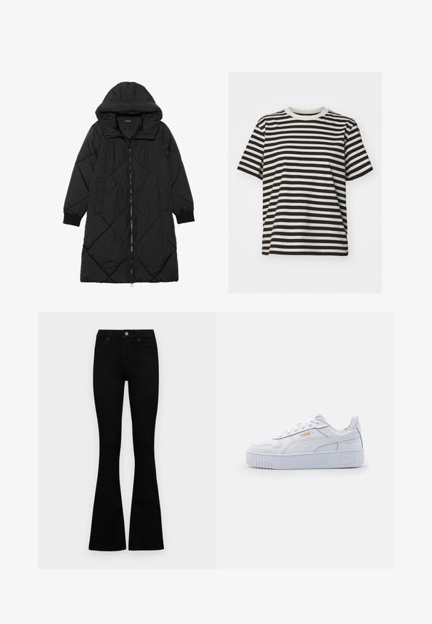 Černá prošívaná péřová bunda s kapucí, vybavená zipovým zapínáním, bočními kapsami a elastickými manžetami. Hladká, voděodolná tkanina.; Pruhované tričko z měkké tkaniny, s horizontálními černými a krémovými pruhy, kulatým výstřihem, krátkými rukávy a volným střihem.; Černé vysoké džíny s knoflíkem a zipovým zapínáním, předními kapsami a rozšířenými nohavicemi, ležící na bílé podložce.; Bílé kožené tenisky s robustní podrážkou, s hladkým povrchem, minimalistickým designem, bočními pruhy a malým detailem loga.