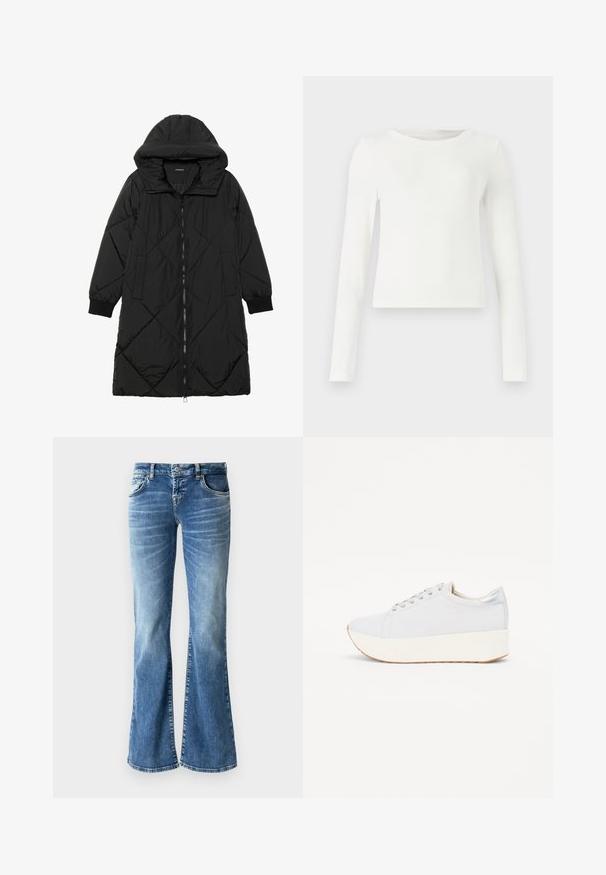 Melnas quiltētas pūkara mētelis ar kapuci, ar rāvējslēdzēja aizdari, sānu kabatām un elastīgām aprocēm. Gluda, ūdensizturīga auduma.; Balts garām piedurknēm ribots tops ar apaļu kaklu. Gluda tekstūra, pieguļošs dizains un bez redzamām rakstiem vai akcentiem. Vienkāršs un minimālistisks stils.; Gaiši zili džinsu bikses ar flared piegriezumu un izbalējušu apdari, piecas kabatas, izšūtas detaļas un ar rāvējslēdzēju ar pogu aizdari.; Gaiši pelēki sporta apavi ar platformas zoli. Iezīmēts ar gludu auduma virsu, apaļu purngalu un sudraba akcentiem papēdī un aciņu vietās.