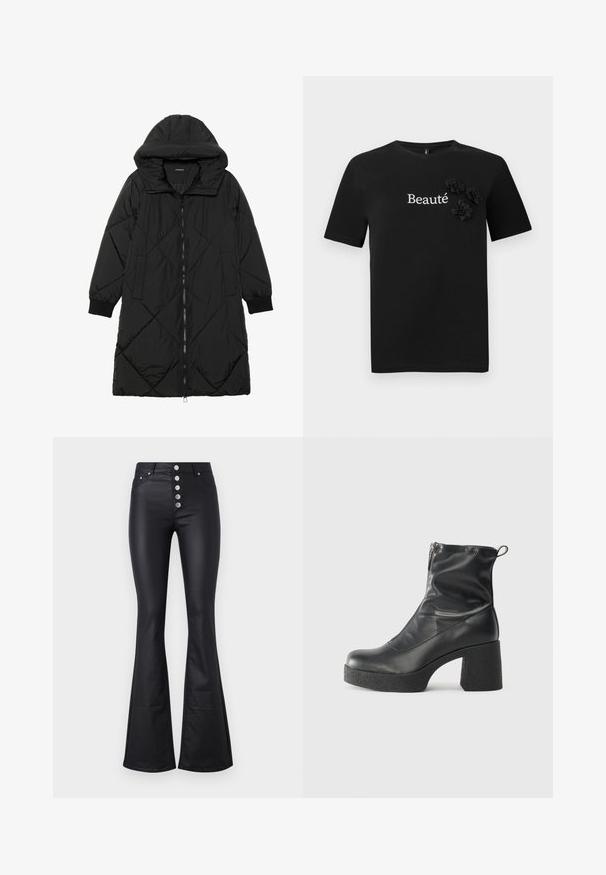 Musta tikattu puhvittakki hupulla, jossa on vetoketjukiinnitys, sivutaskut ja elastiset hihansuut. Sujuva, vettä hylkivä kangas.; Musta puuvillapaita, jossa on lyhyet hihat, pyöreä kaula-aukko ja sana "Beauté" valkoisella, koristeltuna kolmella kangaskukkakoristeella.; Musta leveälahkeinen housut, jotka on valmistettu sileästä ja joustavasta materiaalista. Vyötärö on korkea ja edessä on viisi metallista nappia. Housuissa on myös kaksi sivutaskua.; Mustat nilkkurit, jotka on valmistettu sileästä nahasta. Niissä on sivuvetoketju, paksu teksturoitu korko ja pyöristetty kärki.