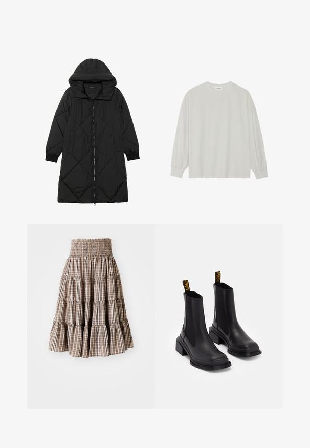 Must-havesinise mustris quiltitudis puffer jakk, millel on kapuuts, tõmblukk, küljetaskud ja elastsed varrukad. Sile, veekindel kangas.; Hele halli pikkade varrukatega T-särk, mis on valmistatud pehmest puuvillast. Omab vaba lõiget, ümmargust kaelust ja õrnalt kogutud varrukaotsi. Muster ja graafika puuduvad.; Kihiline, kortsunud seelik beežikaspruuni ruudulise mustriga. Omab laienevat siluetti ja tekstureeritud kangast.; Must have väikesed mustad nahast sokkjalatsid, millel on elastsed külgpaneelid, ruudukujuline nina ja jäme heel. Omab kollaseid bränditud tõmbeauke.