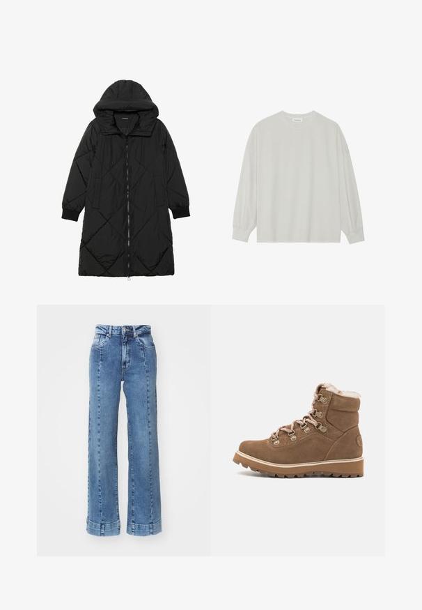 Manteau matelassé noir avec capuche, doté d'une fermeture éclair, de poches latérales et de poignets élastiques. Tissu lisse et résistant à l'eau.; T-shirt à manches longues gris clair en coton doux. Présente une coupe ample, un col rond et des poignets légèrement froncés. Aucun motif ni graphique.; Jean large en denim bleu clair avec une taille haute, présentant des poches avant et des coutures décoratives. L'ourlet est roulé et cousu.; Botte chelsea en suède marron avec doublure en fausse fourrure, œillets métalliques et une semelle en caoutchouc épaisse présentant un motif de traction texturé.