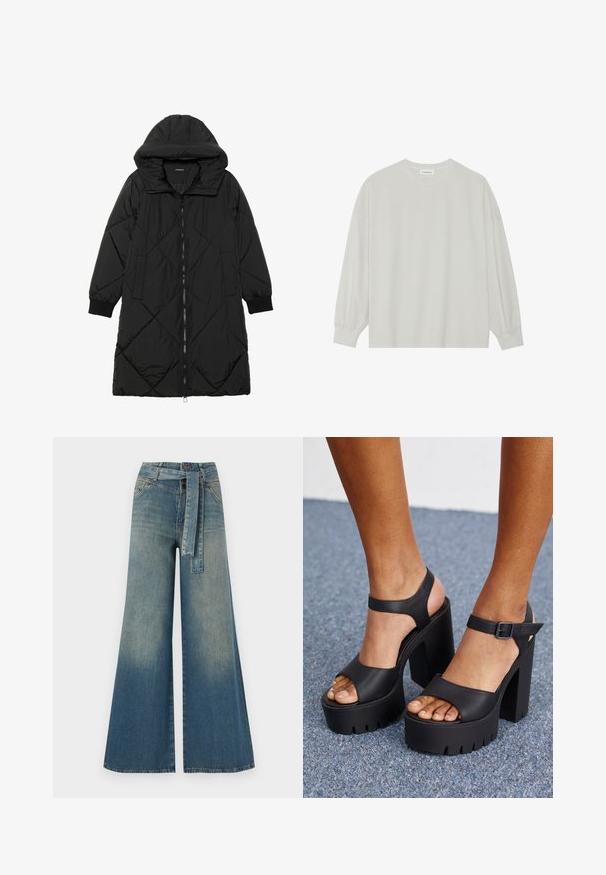 Must-havesinise mustris quiltitudis puffer jakk, millel on kapuuts, tõmblukk, küljetaskud ja elastsed varrukad. Sile, veekindel kangas.; Hele halli pikkade varrukatega T-särk, mis on valmistatud pehmest puuvillast. Omab vaba lõiget, ümmargust kaelust ja õrnalt kogutud varrukaotsi. Muster ja graafika puuduvad.; Laiad denimpüksid, millel on hele tume sinine gradiendiefekt, kõrge vöökoht, vöökumlid ja sobivast kangast vöö. Struktureeritud denimi viimistlus.; Musthave viimistle tornkingad musta värvi, tekstuurse pealispinnaga, avatud varvaste ja pahkluu rihmaga. Karm konts ja sooniline tallaosa tagavad hea haarde.