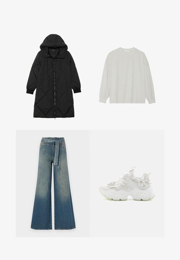Černá prošívaná péřová bunda s kapucí, vybavená zipovým zapínáním, bočními kapsami a elastickými manžetami. Hladká, voděodolná tkanina.; Světle šedé tričko s dlouhým rukávem vyrobené z měkké bavlny. Má volný střih, kulatý výstřih a jemně nařasené manžety. Bez vzorů nebo grafik.; Džínové kalhoty širokého střihu s přechodem od světlé k tmavě modré, vysokým pasem, poutky na opasek a odpovídajícím opaskem ze stejného materiálu. Texturovaná džínovina.; Bílé tenisky s robustní podrážkou, s květinovými akcenty, texturovanými materiály a šněrovacím designem s detaily loga.