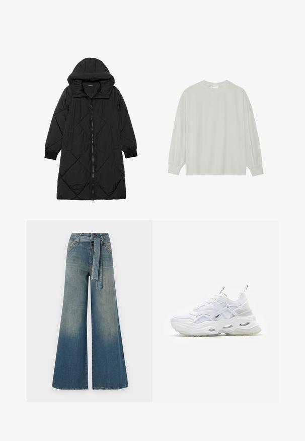 Schwarze, gesteppten Puffermantel mit Kapuze, ausgestattet mit einem Reißverschluss, seitlichen Taschen und elastischen Bündchen. Glattes, wasserabweisendes Material.; Helles graues Langarm-T-Shirt aus weicher Baumwolle. Mit lockerer Passform, Rundhalsausschnitt und sanft gerafften Bündchen. Keine Muster oder Grafiken.; Weit geschnittene Denim-Hosen mit einem Farbverlauf von hellblau zu dunkelblau, hoher Taille, Gürtelschlaufen und einem passenden Stoffgürtel. Strukturierte Denim-Oberfläche.; Weißer Sneaker mit dickem Profil, geschichtetem Mesh- und Synthetik-Obermaterial, mit gemusterten Akzenten, Schnürsystem und Zuglasche.