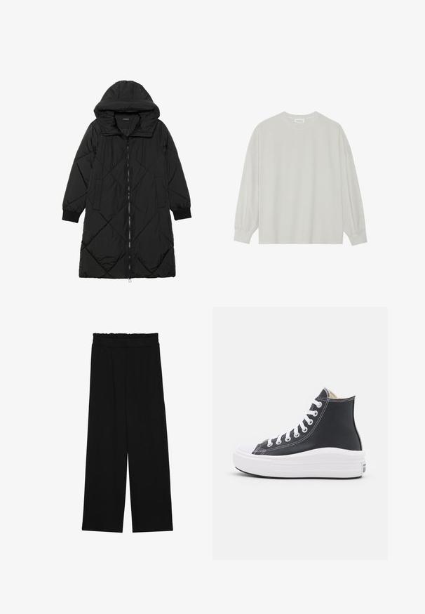 Black quilted puffer coat with a hood, featuring a zip closure, side pockets, and elastic cuffs. Smooth, water-resistant fabric.; Light gray long-sleeve t-shirt made of soft cotton. Features a loose fit, round neckline, and gently gathered cuffs. No patterns or graphics.; Black wide-leg trousers with a ruffled waistband, featuring two side pockets and a smooth, lightweight fabric. No visible patterns or hardware.; Black high-top sneaker with white laces and rubber sole. Features a smooth leather texture and white stitching accents.