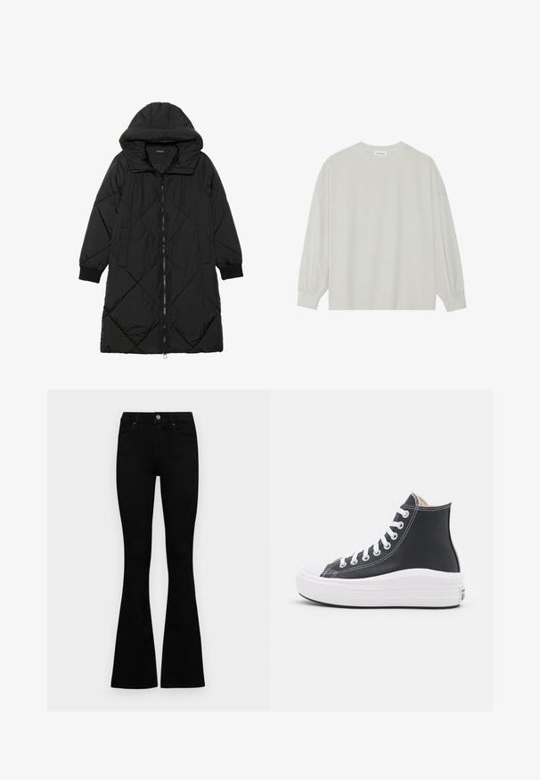 Black quilted puffer coat with a hood, featuring a zip closure, side pockets, and elastic cuffs. Smooth, water-resistant fabric.; Light gray long-sleeve t-shirt made of soft cotton. Features a loose fit, round neckline, and gently gathered cuffs. No patterns or graphics.; Black high-waist jeans with a button and zip closure, front pockets, and flared legs laid flat on a white background.; Black high-top sneaker with white laces and rubber sole. Features a smooth leather texture and white stitching accents.