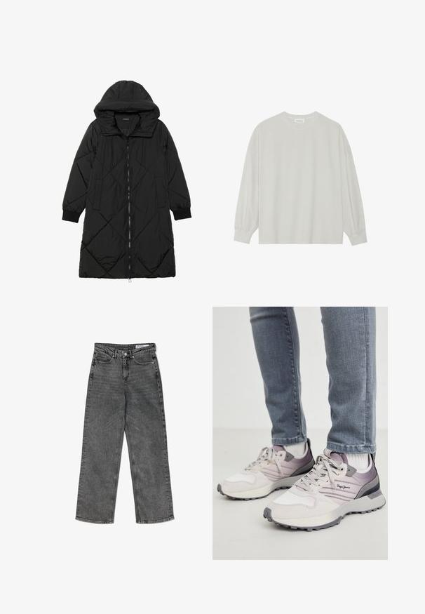 Μαύρο πλεκτό μπουφάν με κουκούλα, που διαθέτει κλείσιμο με φερμουάρ, πλαϊνές τσέπες και ελαστικούς καρπούς. Λείο, αδιάβροχο ύφασμα.; Ανοιχτό γκρι μακρυμάνικη μπλούζα φτιαγμένη από μαλακό βαμβάκι. Έχει χαλαρή εφαρμογή, στρογγυλή λαιμόκοψη και ελαφρώς συγκεντρωμένα μανίκια. Χωρίς σχέδια ή γραφικά.; Μαύρο ψηλόμεσο τζιν με ίσια γραμμή, ξεπλυμένο, διαθέτει μπροστινές τσέπες, θηλιές ζώνης, κλείσιμο με κουμπί και εσωτερική ετικέτα με λογότυπο.; Ανοιχτό γκρι αθλητικά παπούτσια με εκρού και δικτυωτές λεπτομέρειες, με υφή στη σόλα, μωβ διακοσμήσεις και λογότυπο στο πλάι. Φοριούνται με τζιν.
