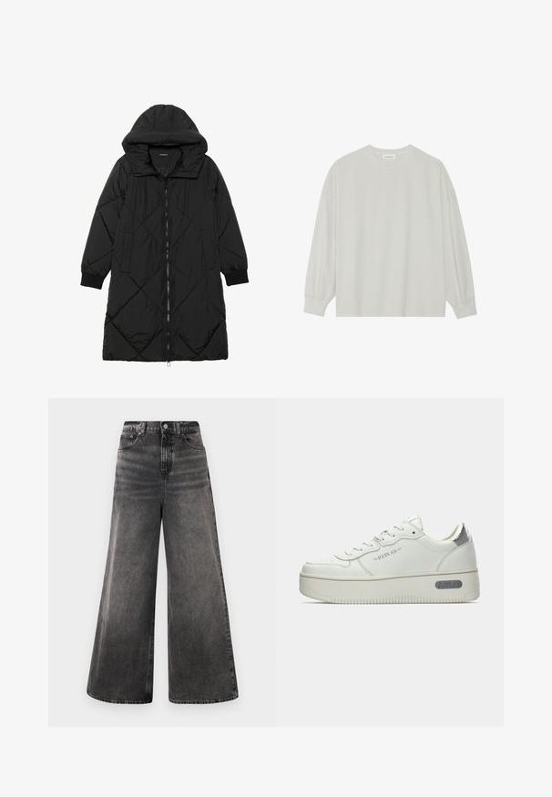 Black quilted puffer coat with a hood, featuring a zip closure, side pockets, and elastic cuffs. Smooth, water-resistant fabric.; Light gray long-sleeve t-shirt made of soft cotton. Features a loose fit, round neckline, and gently gathered cuffs. No patterns or graphics.; Wide-leg black denim jeans with a faded wash, five-pocket design, and a button closure at the waistband, featuring stitched accents.; White leather sneakers with a textured sole, featuring a silver metallic heel tab and "REPLAY" branding on the side. Minimalist design.