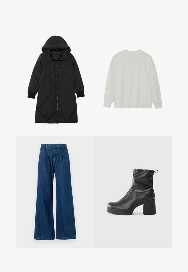 Black quilted puffer coat with a hood, featuring a zip closure, side pockets, and elastic cuffs. Smooth, water-resistant fabric.; Light gray long-sleeve t-shirt made of soft cotton. Features a loose fit, round neckline, and gently gathered cuffs. No patterns or graphics.; Wide-leg denim trousers in dark blue. Features a pleated front and stitched detailing at the waist and hem. Made of cotton fabric.; Black ankle boots made of smooth leather, featuring a side zipper, chunky textured heel, and rounded toe design.