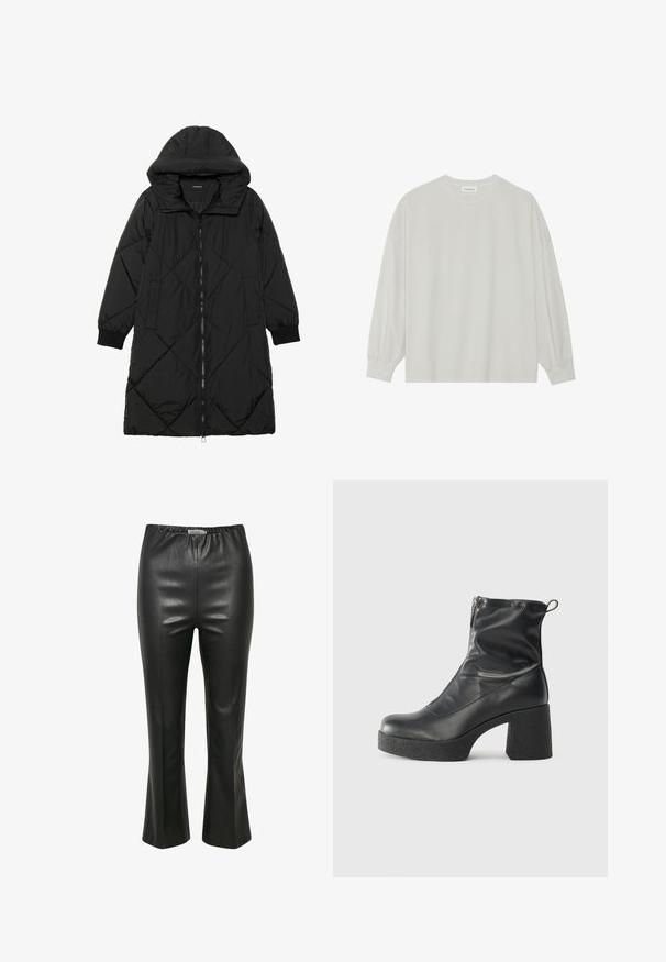 Black quilted puffer coat with a hood, featuring a zip closure, side pockets, and elastic cuffs. Smooth, water-resistant fabric.; Light gray long-sleeve t-shirt made of soft cotton. Features a loose fit, round neckline, and gently gathered cuffs. No patterns or graphics.; Black faux leather pants with a smooth texture, elastic waistband, and flared hem, featuring vertical seam detailing.; Black ankle boots made of smooth leather, featuring a side zipper, chunky textured heel, and rounded toe design.