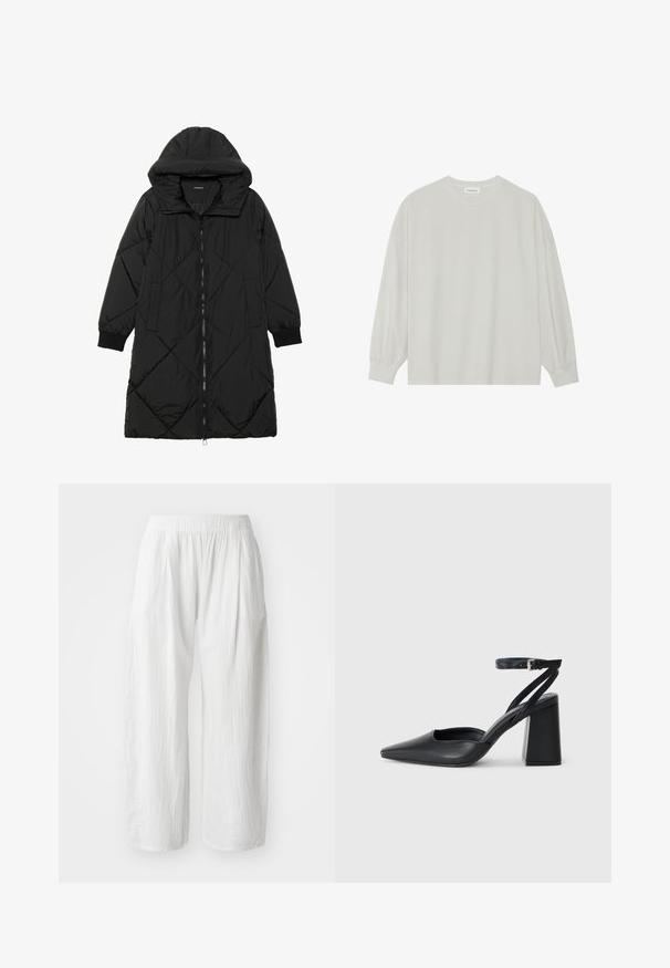 Juodas siūtais pūkų paltas su gobtuvu, turintis užtrauktuką, šonines kišenes ir elastines rankoves. Lygus, vandeniui atsparus audinys.; Šviesiai pilkas ilgomis rankovėmis marškinėliai, pagaminti iš minkštos medvilnės. Sukurtas laisvam prigludimui, apvaliu iškirpimu ir švelniai susigūžusiomis rankovėmis. Be raštų ar piešinių.; Baltos, lengvi, platėjantys kelnės su tekstūrinėmis detalėmis ir elastinga juosmeniu patogumui. Nėra matomų kišenių ar užsegimų.; Juoda odinė smailiagalė aukštakulnio bateliai su kulkšnies dirželiu ir storu kulnu. Lygus paviršius, elegantiškas dizainas ir minimalistiška estetinė.