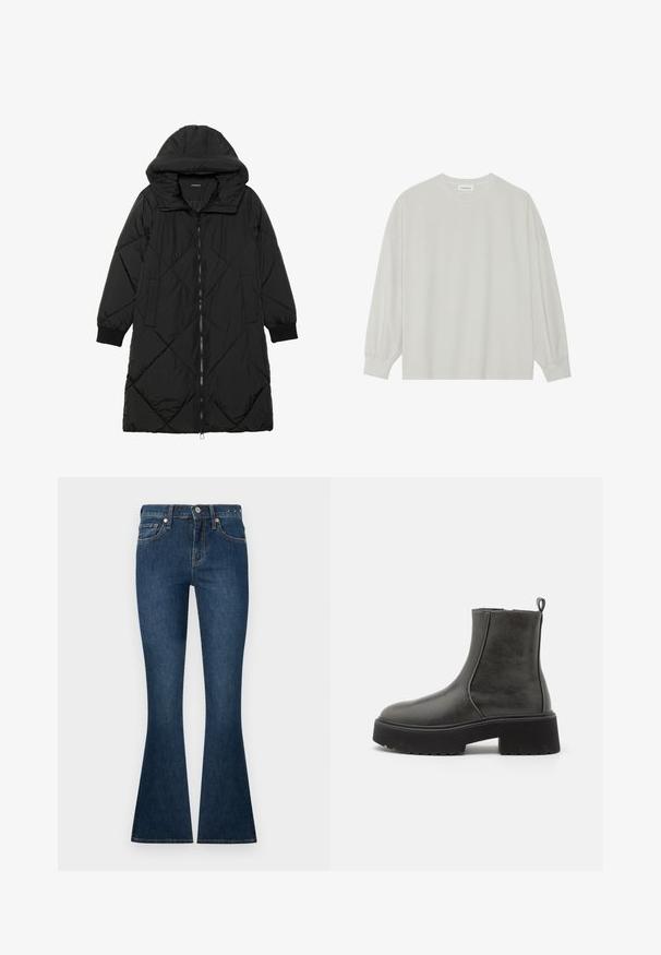 Juodas siūtais pūkų paltas su gobtuvu, turintis užtrauktuką, šonines kišenes ir elastines rankoves. Lygus, vandeniui atsparus audinys.; Šviesiai pilkas ilgomis rankovėmis marškinėliai, pagaminti iš minkštos medvilnės. Sukurtas laisvam prigludimui, apvaliu iškirpimu ir švelniai susigūžusiomis rankovėmis. Be raštų ar piešinių.; Tamsiai mėlyni džinsai su platesniais klešniais, klasikinio penkių kišenių dizaino, standartiniu mygtuko uždarymu ir minimaliais siuvimo akcentais ant kišenių.; Juodi kulkšnies auliniai bateliai su lygiu sintetinės medžiagos paviršiumi, elastiniais šonais, traukimo kilpa ir storu guminiais padu.