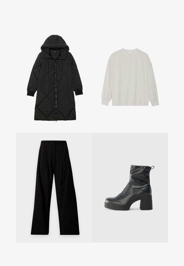 Fekete steppelt pufi kabát kapucnival, cipzáras záródással, oldalsó zsebekkel és elasztikus mandzsettákkal. Simább, vízlepergető anyag.; Világosszürke, hosszú ujjú póló, puha pamutból készült. Szabad, laza szabású, kerek nyakkivágással és finoman ráncolt mandzsettával rendelkezik. Nincs rajta minta vagy grafikák.; Széles szárú fekete nadrág magas derékkal, pliszével, rejtett elülső zárással és minimális márkázással a bal lábon.; Fekete bokacsizmák sima bőrből, oldalsó cipzárral, vastag, texturált sarkú és lekerekített orrú dizájnnal.