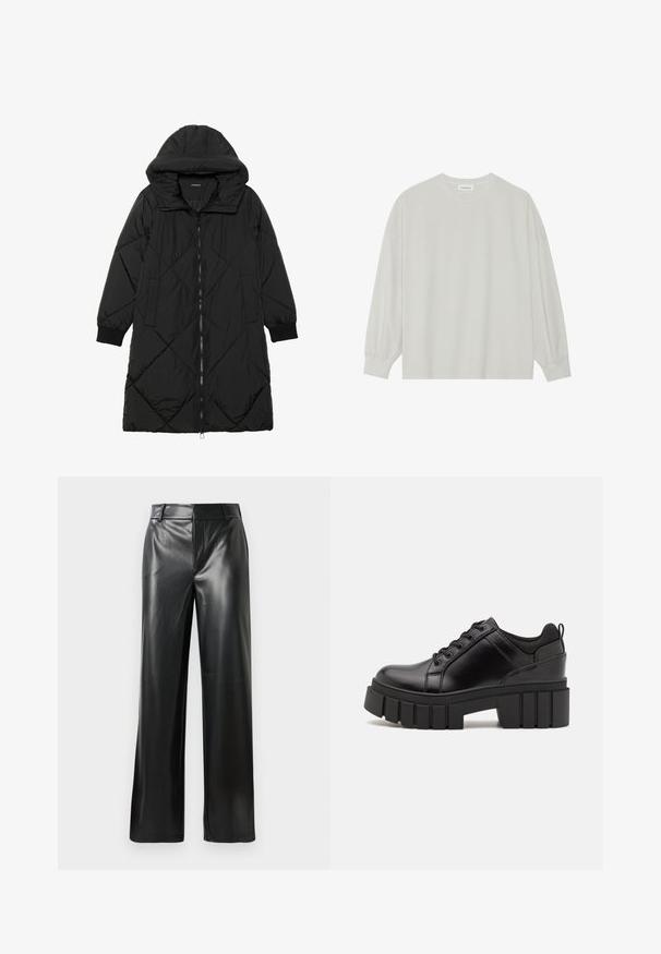 Sort quiltet pufferjakke med hætte, med lynlåslukning, sidelommer og elastiske manchetter. Glat, vandafvisende stof.; Lys grå langærmet t-shirt lavet af blød bomuld. Har en løs pasform, rund halsudskæring og let indsamlede manchetter. Ingen mønstre eller grafikker.; Sorte læder bukser med bred benvidde og en glat tekstur, der har en mid-rise talje og diskrete skrædderlinjer foran.; Sorte læder platform sko med en klodset blokhæl, rund tå og traditionelt snøredesign. Har en glat tekstur og minimal detaljering.
