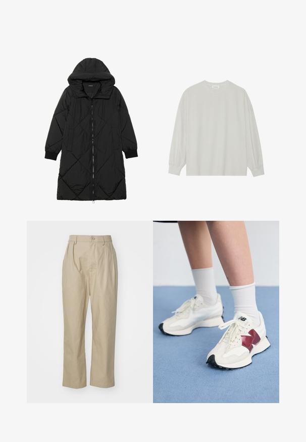 Geacă puffer neagră, matlasată, cu glugă, având închidere cu fermoar, buzunare laterale și manșete elastice. Material neted, rezistent la apă.; Tricou pe șir cu mâneci lungi, de culoare gri deschis, confecționat din bumbac moale. Are o croială lejeră, decolteu rotund și manșete ușor bufante. Fără modele sau grafica.; Pantaloni bej din bumbac, cu un croi lejer, pliuri frontale, închidere cu un singur nasture și picioare drepte cu tivuri cusute.; O pereche de adidași albi cu accente vișinii, panouri texturate, talpă neagră plată și șireturi ușoare, purtați cu șosete albe până la gleznă.