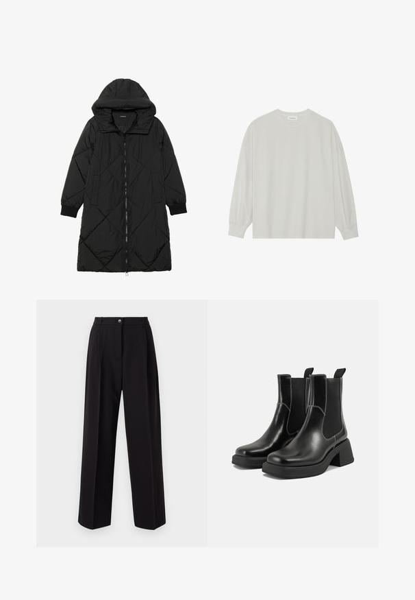 Juodas siūtais pūkų paltas su gobtuvu, turintis užtrauktuką, šonines kišenes ir elastines rankoves. Lygus, vandeniui atsparus audinys.; Šviesiai pilkas ilgomis rankovėmis marškinėliai, pagaminti iš minkštos medvilnės. Sukurtas laisvam prigludimui, apvaliu iškirpimu ir švelniai susigūžusiomis rankovėmis. Be raštų ar piešinių.; Juodos plačios kelnės, pagamintos iš lengvos medžiagos. Turi mygtuko užsegimą priekyje, dvi šonines kišenes ir pritaikytą liemenį. Nėra matomų raštų.; Juodos odinės Chelsea botai su storiu kulnu, elastinėmis šoninėmis panelėmis ir kontrastinga balta siūle. Tekstūruota apdaila.