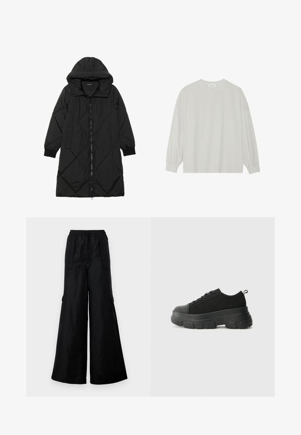 Black quilted puffer coat with a hood, featuring a zip closure, side pockets, and elastic cuffs. Smooth, water-resistant fabric.; Light gray long-sleeve t-shirt made of soft cotton. Features a loose fit, round neckline, and gently gathered cuffs. No patterns or graphics.; Black wide-leg cargo pants made from a smooth, lightweight fabric. Features an elastic waistband, drawstring, and side pockets.; Black sneakers with a chunky rubber sole, textured fabric upper, round toe, and lace-up design. Features reinforced eyelets and back pull tab.