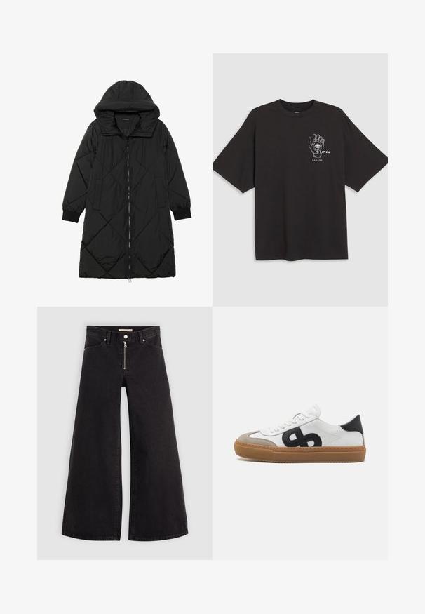 Schwarze, gesteppten Puffermantel mit Kapuze, ausgestattet mit einem Reißverschluss, seitlichen Taschen und elastischen Bündchen. Glattes, wasserabweisendes Material.; Schwarzes Baumwoll-T-Shirt mit kurzen Ärmeln, mit einem Handgrafik und dem Text "Levi's LA LUNE" in Weiß auf der linken Brustseite.; Schwarze Denim-Jeans mit weitem Bein, Reißverschluss vorne, Fünf-Taschen-Design und dezenten Stickdetails. Glatte Textur und lässiger Stil.; Weiße Leder-Sneaker mit schwarzem Logo, Suede-Akzenten und Gummisohle. Besitzt flache weiße Schnürsenkel und ein rundes Zehen-Design.