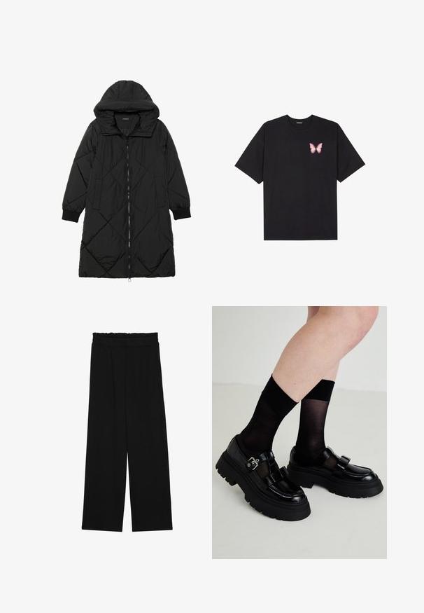 Cappotto imbottito nero trapuntato con cappuccio, caratterizzato da chiusura con zip, tasche laterali e polsini elastici. Tessuto liscio e resistente all'acqua.; T-shirt nera in cotone con maniche corte, caratterizzata da una piccola grafica di una farfalla rosa sul lato sinistro del petto. Design a girocollo con una vestibilità rilassata.; Pantaloni neri a gamba larga con cintura arricciata, dotati di due tasche laterali e un tessuto liscio e leggero. Nessun motivo visibile o parti metalliche.; Scarpe in vernice nera con suole spesse, due cinturini decorativi e una fibbia, abbinate a calze nere trasparenti.