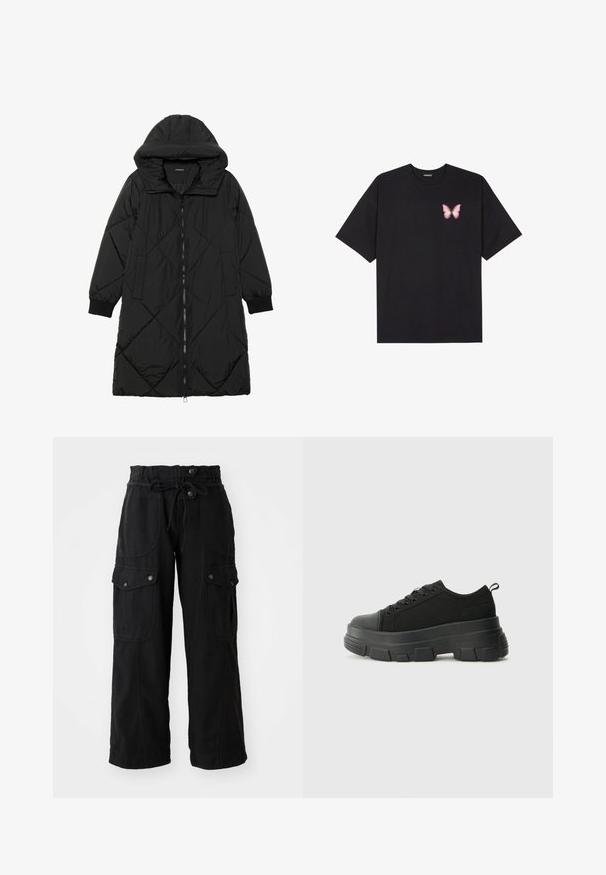 Črna prešita puffer jakna s kapuco, ki ima zadrgo, stranske žepe in elastične manšete. Gladek, vodoodporen material.; Črna bombažna majica s kratkimi rokavi, ki ima majhen roza metuljček na levi strani prsnega dela. Majica s krožnim ovratnikom in sproščenim krojem.; Črne široke cargo hlače z elastičnim pasom, vrvico, stranskimi in zadnjimi žepi ter gumbi. Narejene iz lahkotnega materiala.; Črne teniske z debelim gumijastim podplatom, zgornji del iz teksturirane tkanine, okrogla punta in zavezovanje z vrvicami. Vključujejo ojačane luknje za vrvice in zanko na hrbtu.
