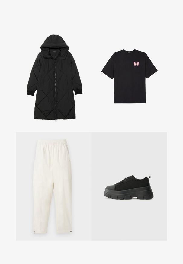 Juodas siūtais pūkų paltas su gobtuvu, turintis užtrauktuką, šonines kišenes ir elastines rankoves. Lygus, vandeniui atsparus audinys.; Juodas medvilnės marškinėliai trumpomis rankovėmis, su maža rožine drugelio grafika kairėje krūtinės pusėje. Apvalus kaklo iškirpimas, laisvas kirpimas.; Grietos spalvos, laisvo kirpimo kelnės su elastinga juosmeniu, šoninėmis kišenėmis ir sagų akcentais ant apačios. Pagamintos iš lygaus audinio.; Juodos sportinės bateliai su stambiu guminiais padu, tekstūrizuotu audinio viršumi, apvaliu pirštu ir raištelių uždarymu. Yra sutvirtinti akių angos ir nugaros kilputė.