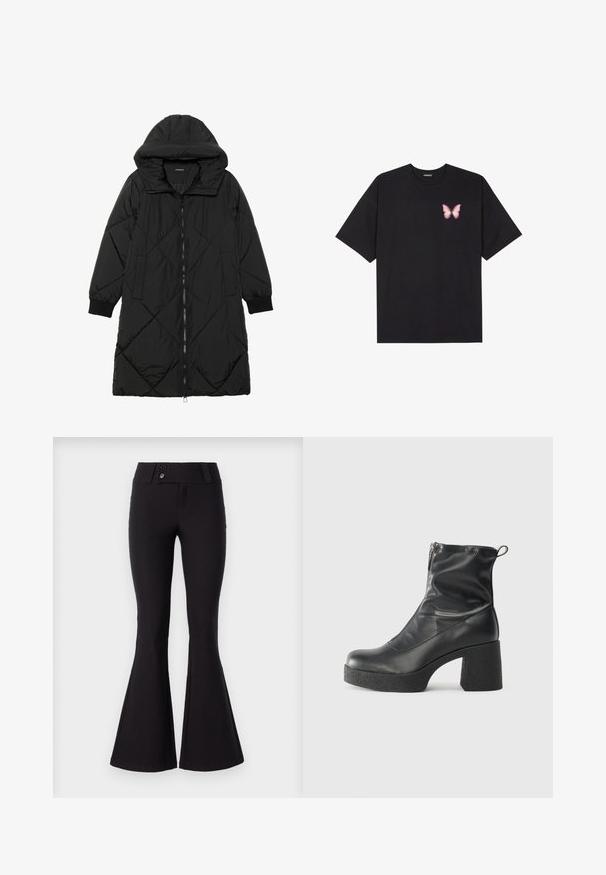 Črna prešita puffer jakna s kapuco, ki ima zadrgo, stranske žepe in elastične manšete. Gladek, vodoodporen material.; Črna bombažna majica s kratkimi rokavi, ki ima majhen roza metuljček na levi strani prsnega dela. Majica s krožnim ovratnikom in sproščenim krojem.; Črne razširjene hlače iz raztegljive tkanine z gladko teksturo, z srednjim pasom in dvema sprednjima gumboma.; Črne gležnjarje iz gladke kože z božnim zadrgo, masivnim teksturiranim peto in zaobljeno obliko prstov.