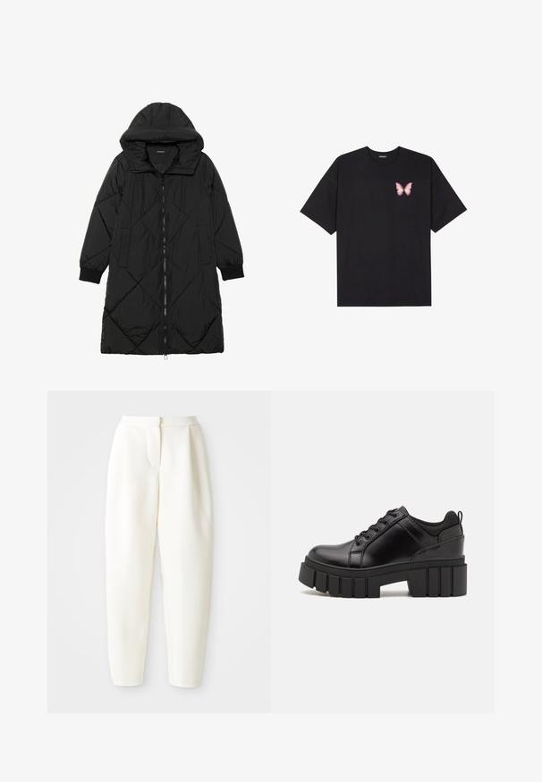 Must-havesinise mustris quiltitudis puffer jakk, millel on kapuuts, tõmblukk, küljetaskud ja elastsed varrukad. Sile, veekindel kangas.; Must muströöpidega must puuvillane T-särk, vasakul rinnal on väike roosa liblikas. Ümar kaelus ja vabalt istuv lõige.; Kõrge vöökoht ja kitsenevad valged püksid peidetud esiklõike ja küljetaskutega, esitlemine lihtsa valge tausta ees.; Must musta platvormsussid paksu plokkninal, ümmarguse varbaga ja traditsioonilise nööridega kinnitamisega. Sussid on sileda tekstuuriga ja minimaalsete detailidega.