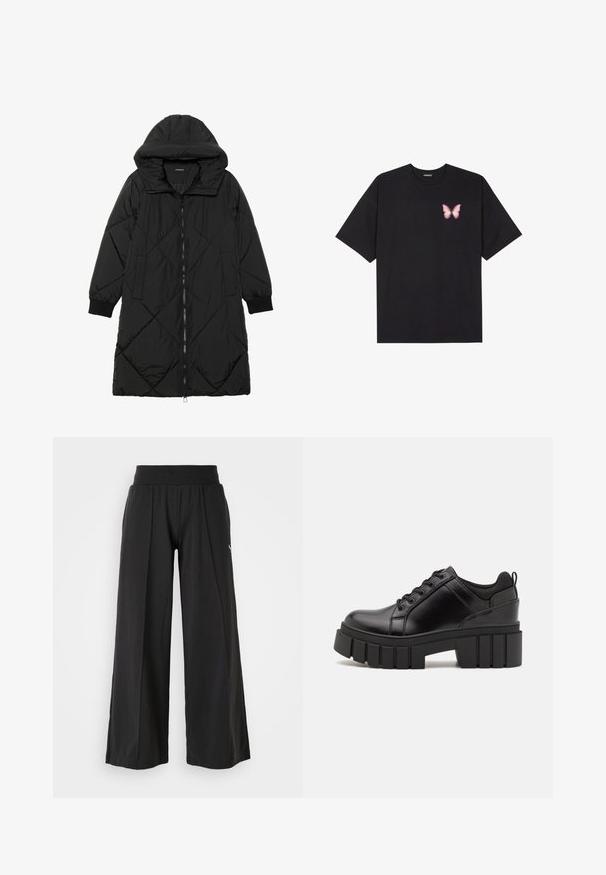 Svart quiltet puffjakke med hette, med glidelås, sidelommer og elastiske mansjetter. Glatt, vannavvisende stoff.; Svart bomulls T-skjorte med korte ermer, med en liten rosa sommerfugl grafikk på venstre bryst. Crew-neck design med en avslappet passform.; Svarte vide bukser med teksturert stoff, elastisk midje og PUMA-logo som detalj. Enkelt design med avslappet passform.; Svarte lærplattformsko med kraftig blokkhell, rund tå og tradisjonell snøring. Har en jevn tekstur og minimal detaljering.
