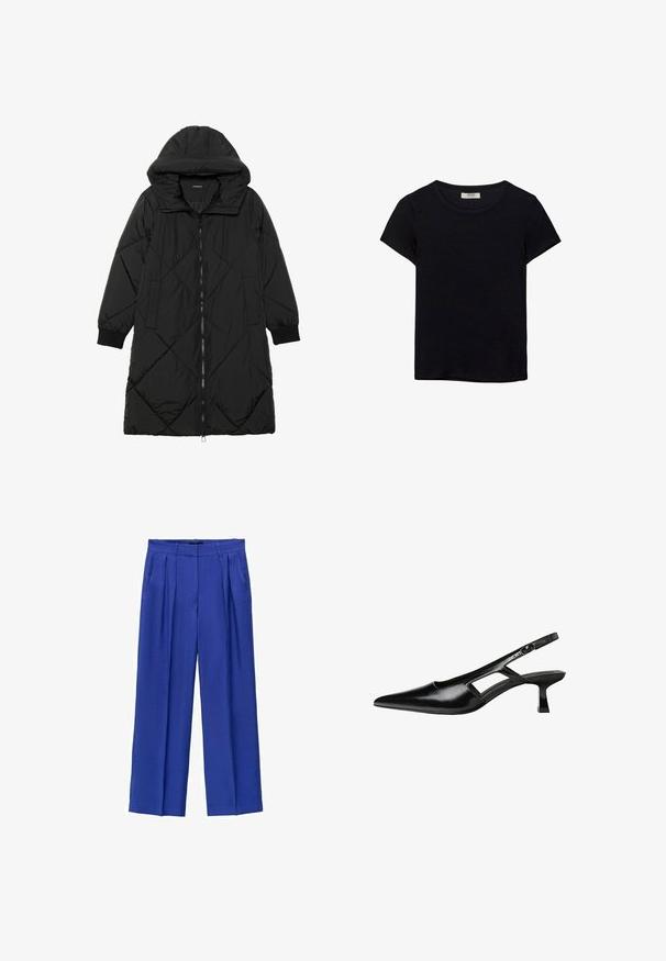 Černá prošívaná péřová bunda s kapucí, vybavená zipovým zapínáním, bočními kapsami a elastickými manžetami. Hladká, voděodolná tkanina.; Černé tričko s krátkým rukávem vyrobené z měkké látky. Má klasický kulatý výstřih a volný střih. Žádné vzory nebo akcenty nejsou viditelné.; Kalhoty s širokým střihem v jasně modré barvě, s vysokým pasem, sklady a postranními kapsami. Hladký materiál s dobře padnoucím střihem.; Černé lakované lodičky na podpatku se špičatou špičkou, výřezovým designem na boku a malým čtvercovým podpatkem. Hladká textura s minimálními akcenty.
