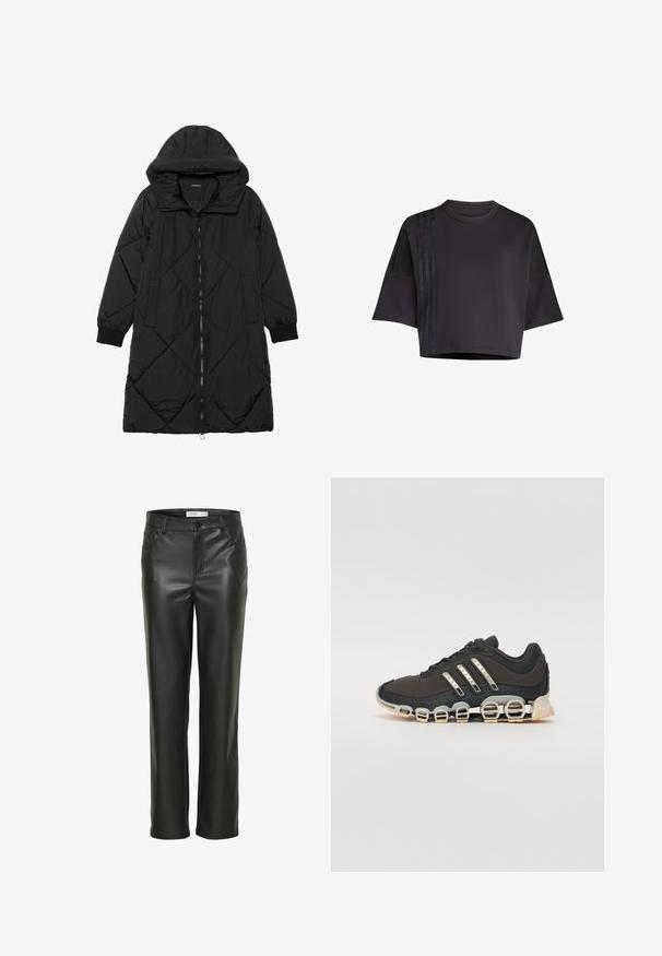 Manteau matelassé noir avec capuche, doté d'une fermeture éclair, de poches latérales et de poignets élastiques. Tissu lisse et résistant à l'eau.; T-shirt noir court avec un col rond, des manches courtes amples, présentant des accents de rayures en satin verticales sur le côté gauche. Texture lisse.; Pantalons en cuir noir avec une coupe droite, dotés de poches avant et d'une fermeture à bouton. Texture lisse avec une apparence élégante.; Chaussure de sport noire avec un dessus texturé, trois bandes argentées et une semelle amortissante distinctive comportant plusieurs sections intégrées.