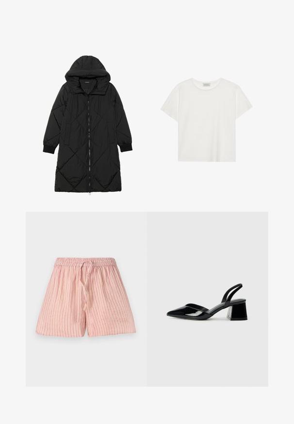 Musta tikattu puhvittakki hupulla, jossa on vetoketjukiinnitys, sivutaskut ja elastiset hihansuut. Sujuva, vettä hylkivä kangas.; Valkoinen lyhythihainen T-paita, joka on valmistettu pehmeästä puuvillasta. Siinä on pyöreä kaula-aukko ja rento istuvuus. Siisti muotoilu ilman näkyviä kuvioita tai yksityiskohtia.; Vaaleanpunaiset shortsit, joissa on pystysuorat punaiset raidat, valmistettu pehmeästä kankaasta. Omistetut elastinen vyötärö ja kiristysnaru säätöä varten.; Mustat patentoitu nahkakengät, joissa on säären takaosa ja terävä kärki, sekä geometrinen palikkakorko. Sisältää tyylikkään, minimalistisen muotoilun ja sileän pinnan.