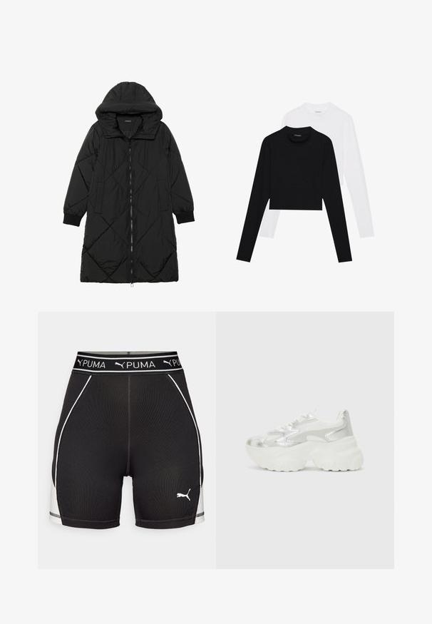 Fekete steppelt pufi kabát kapucnival, cipzáras záródással, oldalsó zsebekkel és elasztikus mandzsettákkal. Simább, vízlepergető anyag.; Két darab hosszú ujjú, rövid fazonú felső fekete és fehér színben. Puha anyagból készült, kerek nyakkivágással és testhez simuló szabással.; Fekete sportos rövidnadrág PUMA logóval, márkázott derékpánttal és fehér oldalsó kiegészítőkkel. Rugalmas, könnyű anyagból készült.; Ezüst színű sportcipő, texturált hálós felsőrésszel és irizáló díszítésekkel, tömbös fehér talppal és fűzős záródással.
