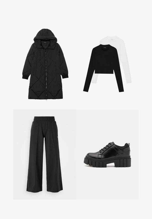 Czarna pikowana kurtka puchowa z kapturem, z zapięciem na zamek, bocznymi kieszeniami i elastycznymi mankietami. Gładki, wodoodporny materiał.; Zestaw dwóch długich rękawów, krótkich topów w kolorze czarnym i białym. Wykonane z miękkiego materiału, z okrągłym dekoltem i dopasowanym krojem.; Czarne spodnie typu wide-leg z teksturowanej tkaniny, elastycznym paskiem w talii oraz akcentem w postaci logo PUMA. Prosty fason o swobodnym kroju.; Czarne skórzane buty na platformie z masywnym słupkowym obcasem, okrągłym noskiem i klasycznym sznurowaniem. Posiadają gładką teksturę i minimalne wykończenia.