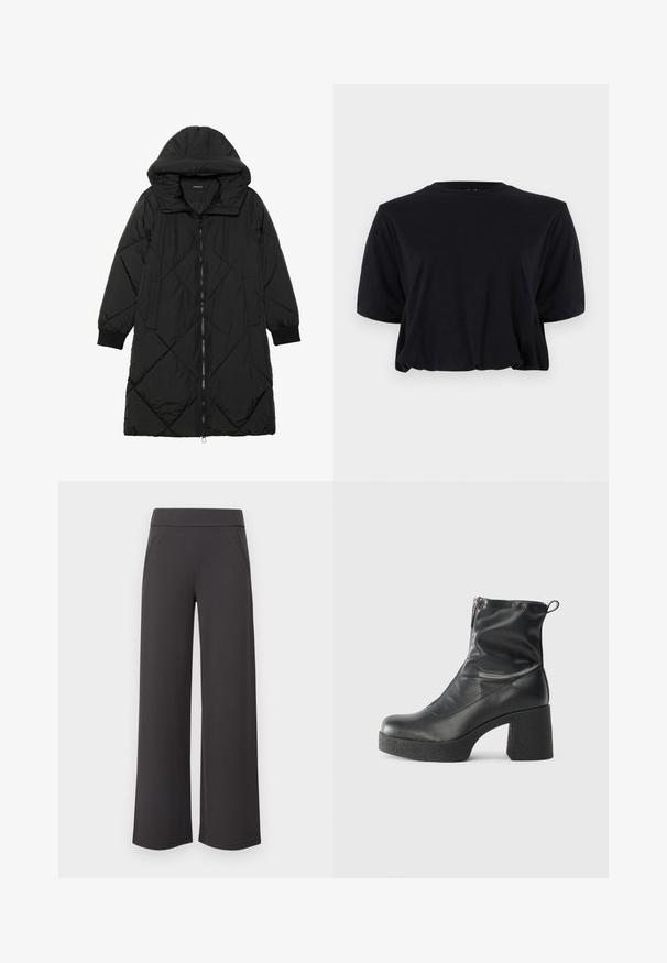Černá prošívaná péřová bunda s kapucí, vybavená zipovým zapínáním, bočními kapsami a elastickými manžetami. Hladká, voděodolná tkanina.; Černé zkrácené bavlněné tričko s krátkými rukávy a kulatým výstřihem, s čistým, bezšvovým designem a jemnou texturou.; Široké kalhoty z tmavě šedé tkaniny, s hladkou texturou, elastickým pasem a dvěma předními kapsami. Ploché provedení.; Černé kotníkové boty vyrobené z hladké kůže, s bočním zipem, robustním strukturovaným podpatkem a kulatou špičkou.