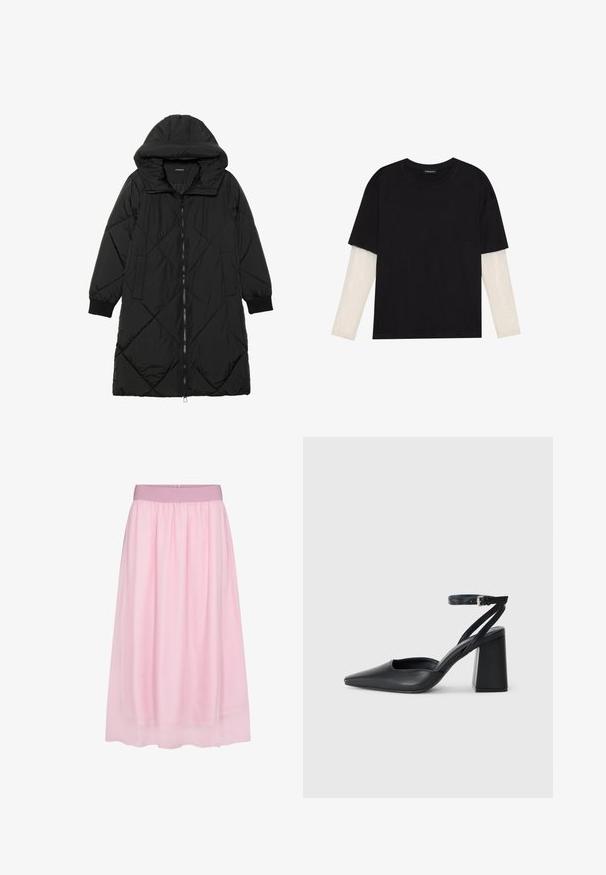 Must-havesinise mustris quiltitudis puffer jakk, millel on kapuuts, tõmblukk, küljetaskud ja elastsed varrukad. Sile, veekindel kangas.; Mustmust särk, mis on valmistatud puuvillast, lühikeste varrukatega, valge pika varrukaga kihi peal, millel on peene tekstuuriga muster. Ümar kaelus.; Roosa tülli seelik pehme, läbipaistva disainiga. Omab elastset vöökohta ja voolavat siluetti, luues kihilise efekti.; Mustmustest must-käigukingad, millel on konksuga nöör ja paks konts. Ühtlane tekstuur, stiilne disain ja minimalistlik esteetika.