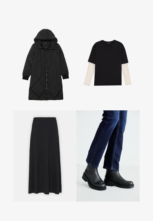 Black quilted puffer coat with a hood, featuring a zip closure, side pockets, and elastic cuffs. Smooth, water-resistant fabric.; Black T-shirt made of cotton, featuring short sleeves over a white long-sleeve layer with a subtle textured pattern. Crew neckline design.; Maxi skirt in solid black. Flared design with a smooth texture and elastic waistband. No visible patterns or accents.; Black leather ankle boots with a chunky sole and side elastic panels, paired with dark blue jeans. The ground is light-colored.